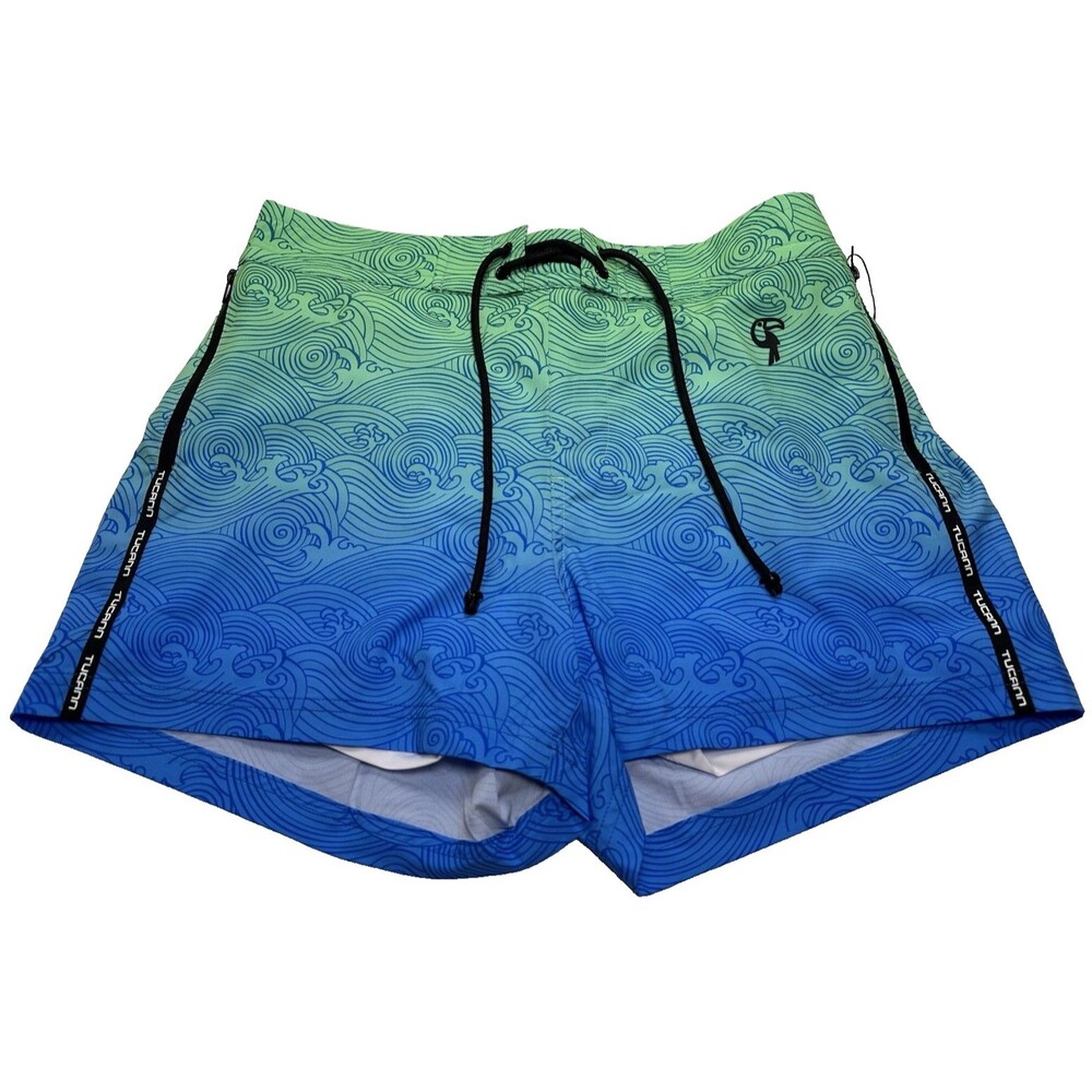 NWT Men's Tucann Faded Waves Swim Trunks 3" Size Large Blue Lagoon